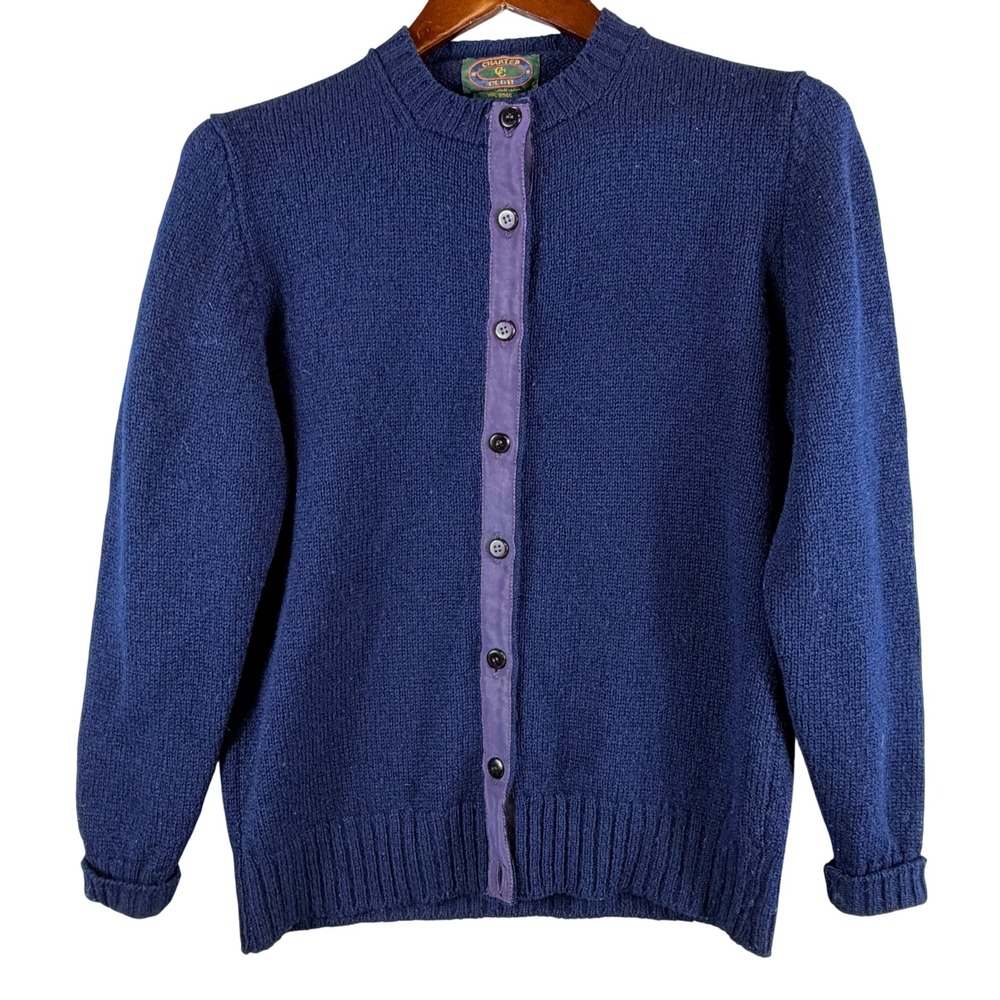 VINTAGE Charter Club Scotland Pure Wool Navy Blue Cardigan Sweater Womens S FLAW